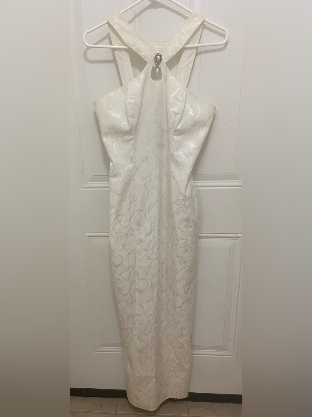 Vintage White Jacquard Dress with Jewel & Pearl Accent